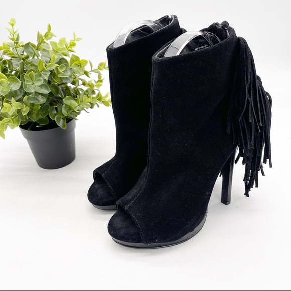 NAUGHTY MONKEY Girl’s Best Fringe Peeptoe Suede High Heel Booties - Picture 1 of 11